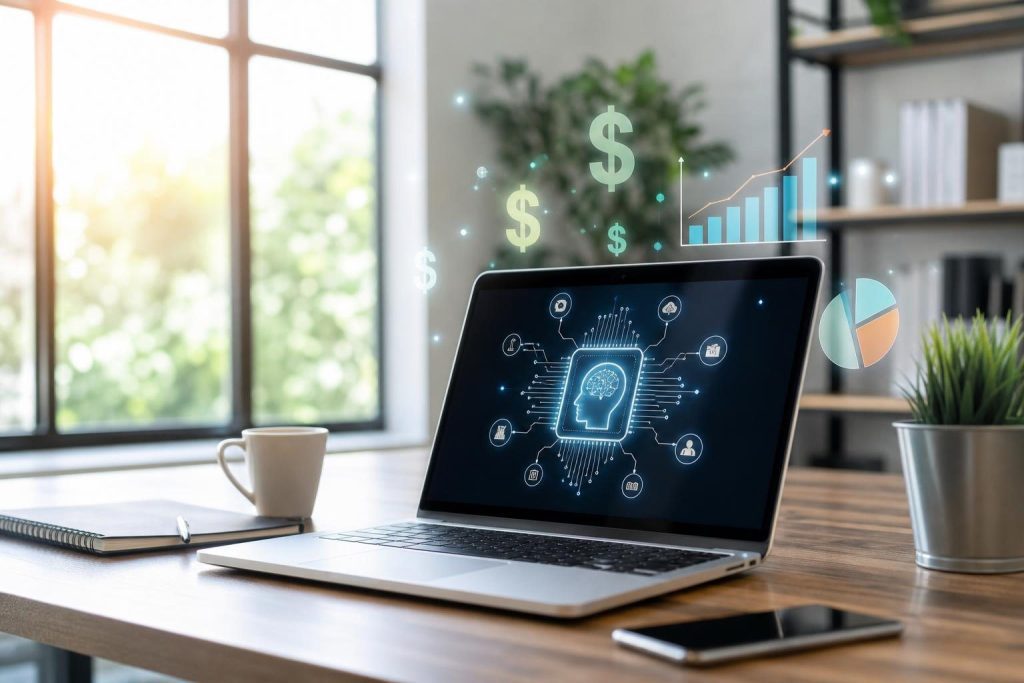 How AI Is Changing How People Make Money 2 Person at a laptop using AI tools to make money