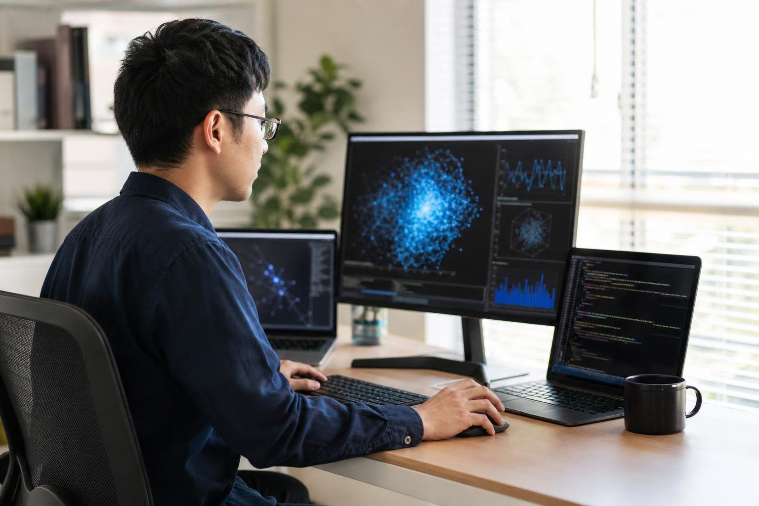 AI Skills That Can Help You Earn More 1 Person using ai skills at a modern desk with multiple screens showing AI code