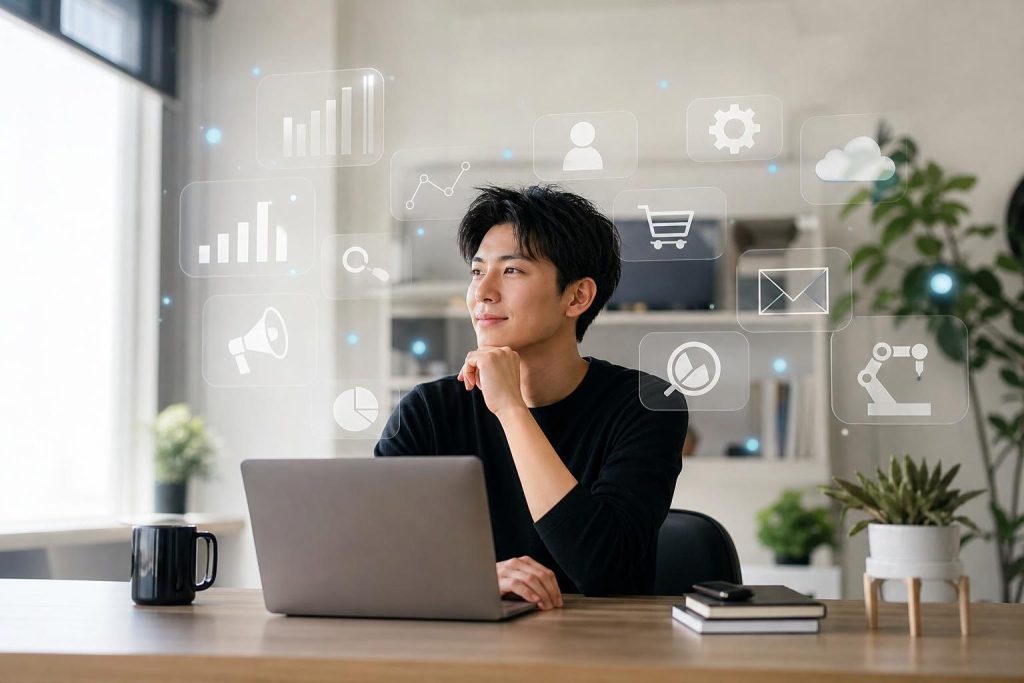 Can AI Help You Build a Business Alone? 2 Person building business with AI at a modern desk