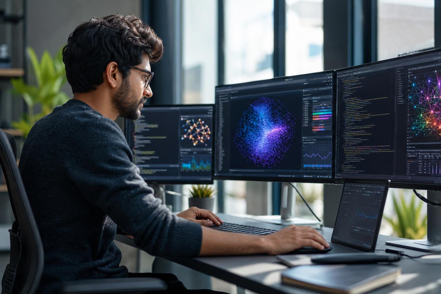 Why Learning AI Could Change Your Income 1 Professional practicing AI coding to learn ai skills with data graphs