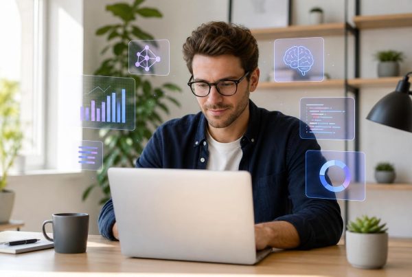 Person using laptop with AI interface illustrating ai side hustle ideas