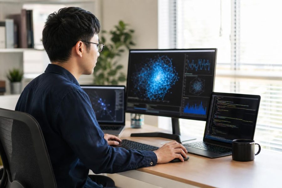Person using ai skills at a modern desk with multiple screens showing AI code