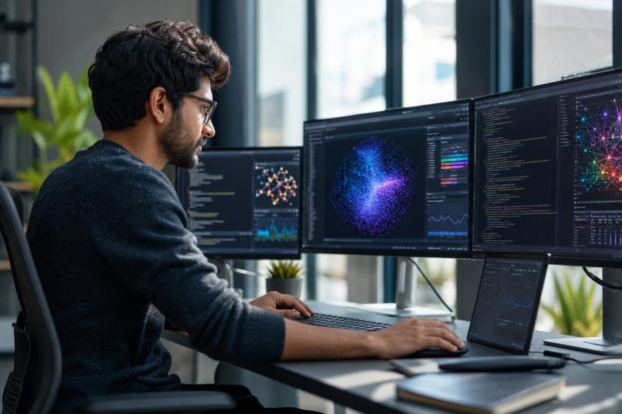Professional practicing AI coding to learn ai skills with data graphs